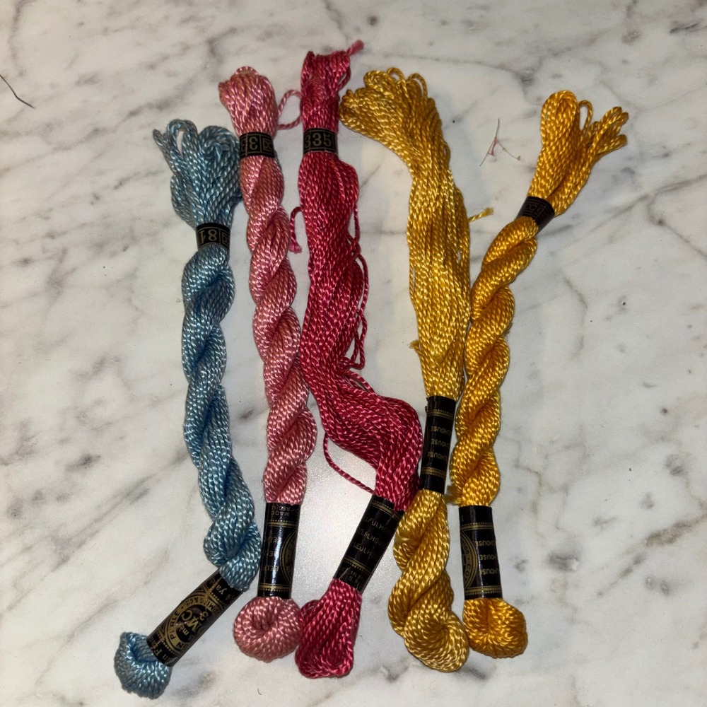 DMC Coton Perle Size 3 Embroidery Thread 5 Skeins Blue Pink Yellow 15m Each